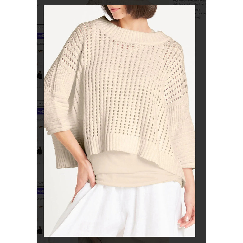 Planet By Lauren G Pima Cotton Crop Fisherman Crewneck Sweater OS
