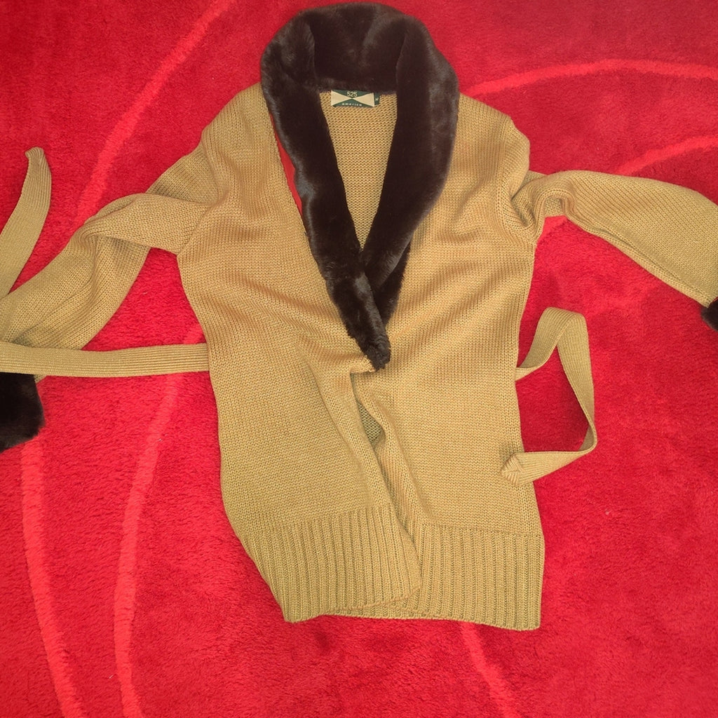 525 America Belted Cardigan Jacket with Faux Fur Trim Sz M
