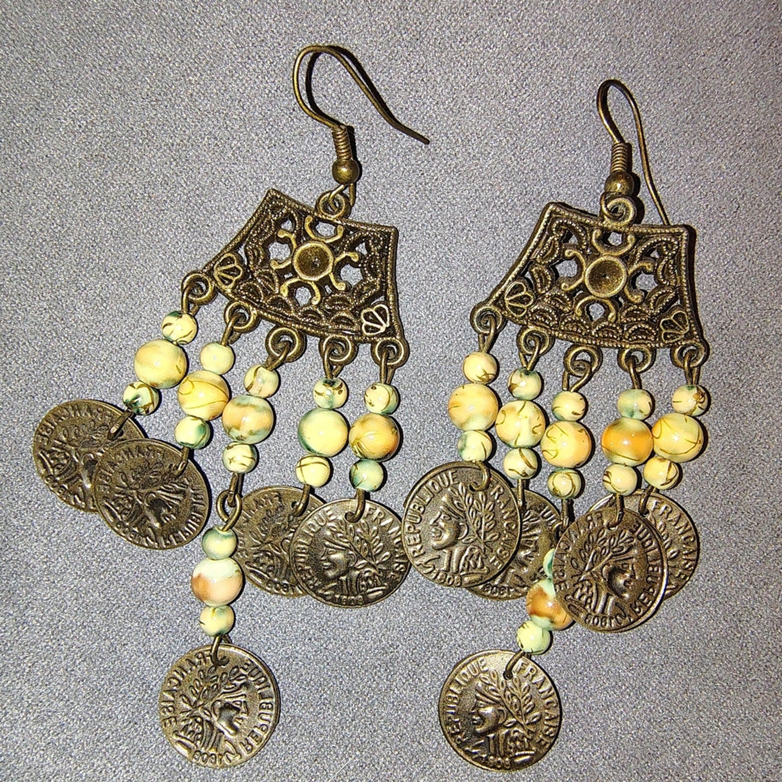 Vintage Coin Dangle Earrings with Beads