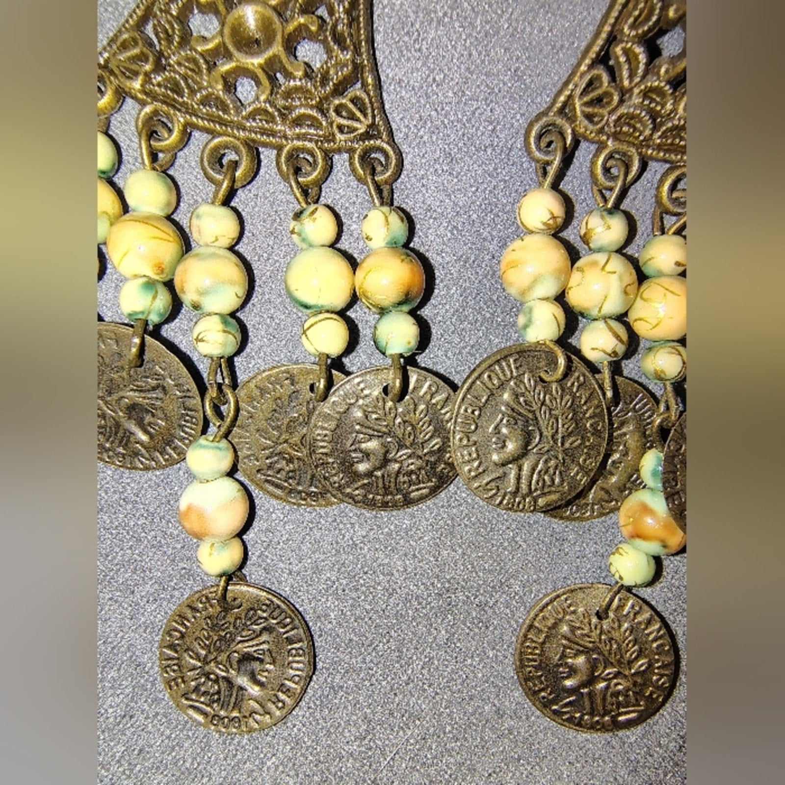 Vintage Coin Dangle Earrings with Beads