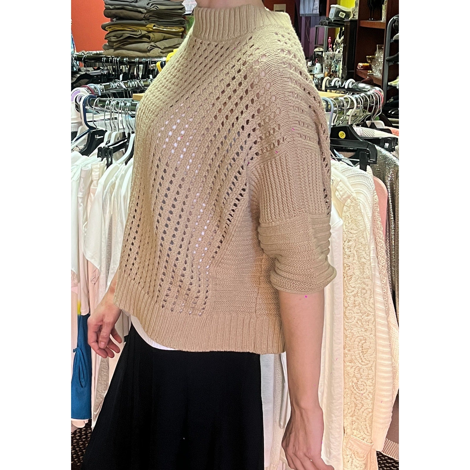 Planet By Lauren G Pima Cotton Crop Fisherman Crewneck Sweater OS