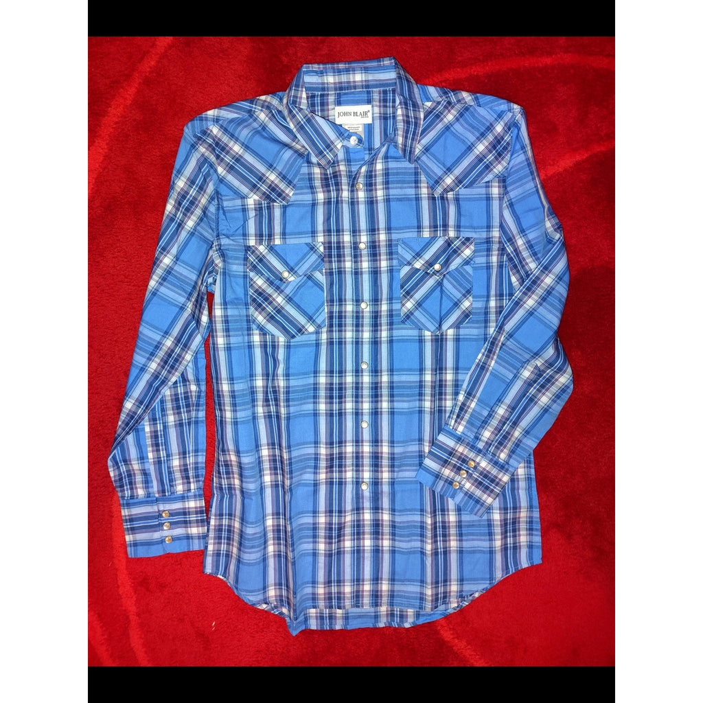 John Blair Blue Plaid Button-Down Shirt SZ M