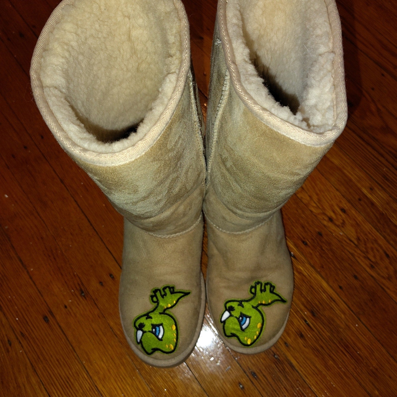 UGG Tan Winter Boots with Green Grumble Dragon Design