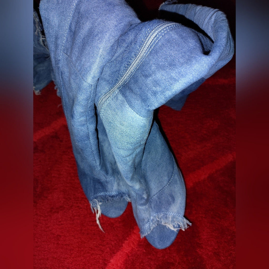 Denim Over-the-Knee Peep-Toe Stiletto Boots - Light Blue Sz 8.5
