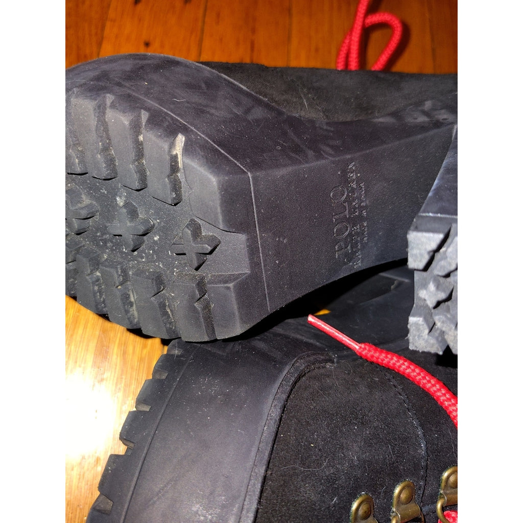 Polo by Ralph Lauren Helene Black Suede Heeled Ankle Boots with Red Laces Sz 7.5
