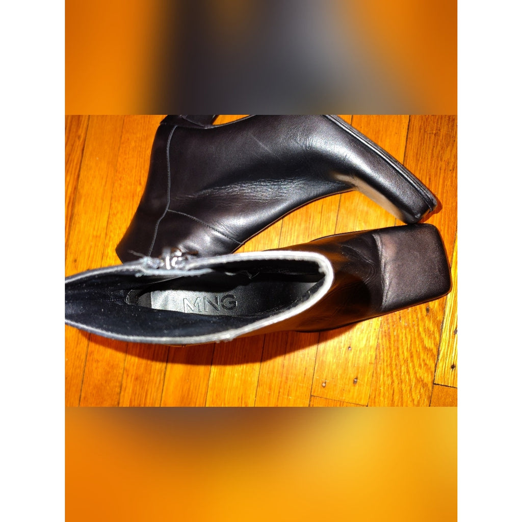 Mango Black Leather Square-Toe Ankle Booties Sz 39