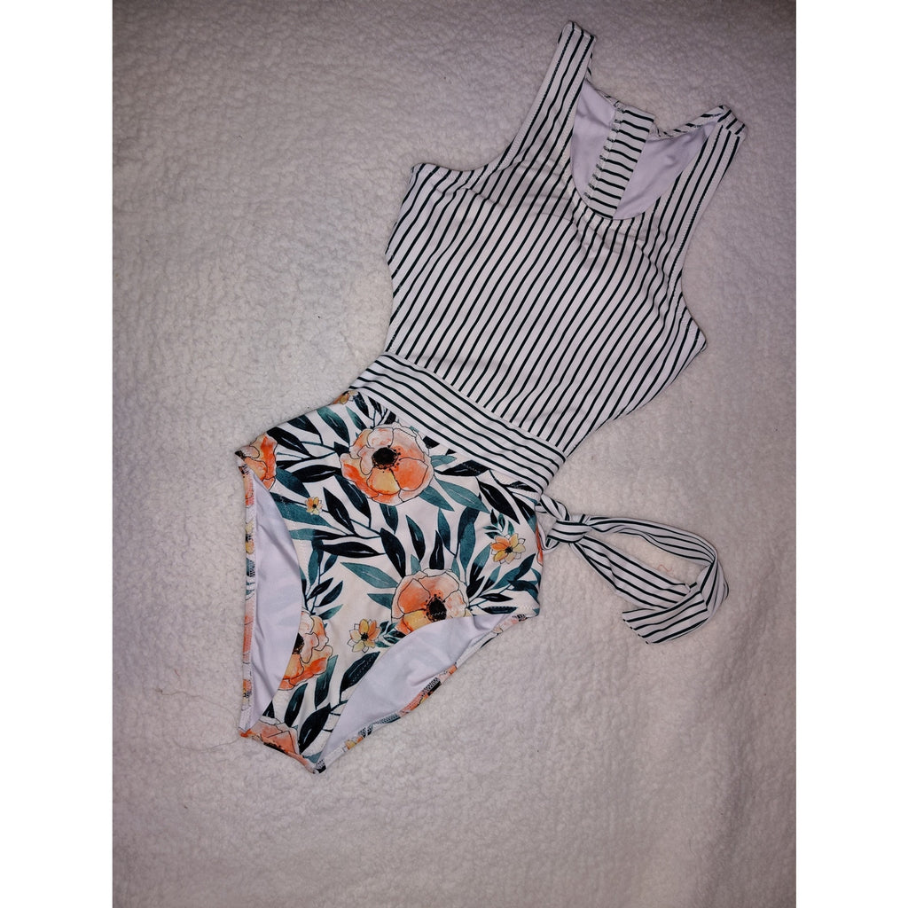 Cupshe Miss U Poppy Print Monokini Stripes and Floral Sz S NWOT