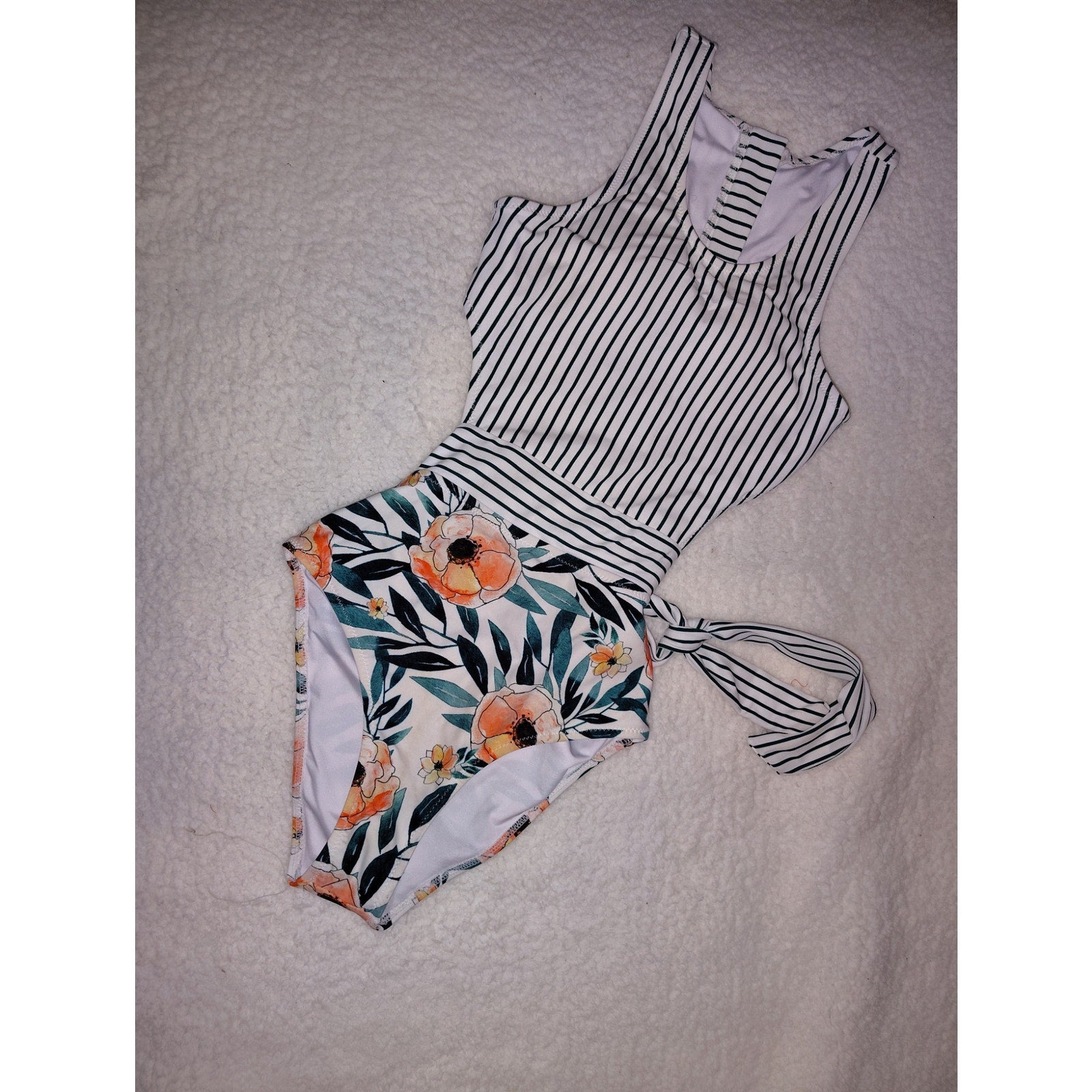Cupshe Miss U Poppy Print Monokini Stripes and Floral Sz S NWOT