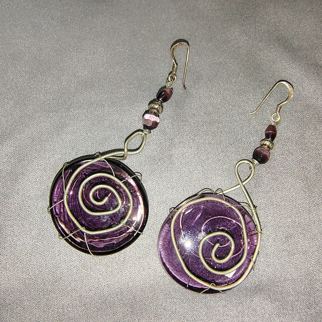 Handmade Wire Swirl & Glass Earrings In Purple