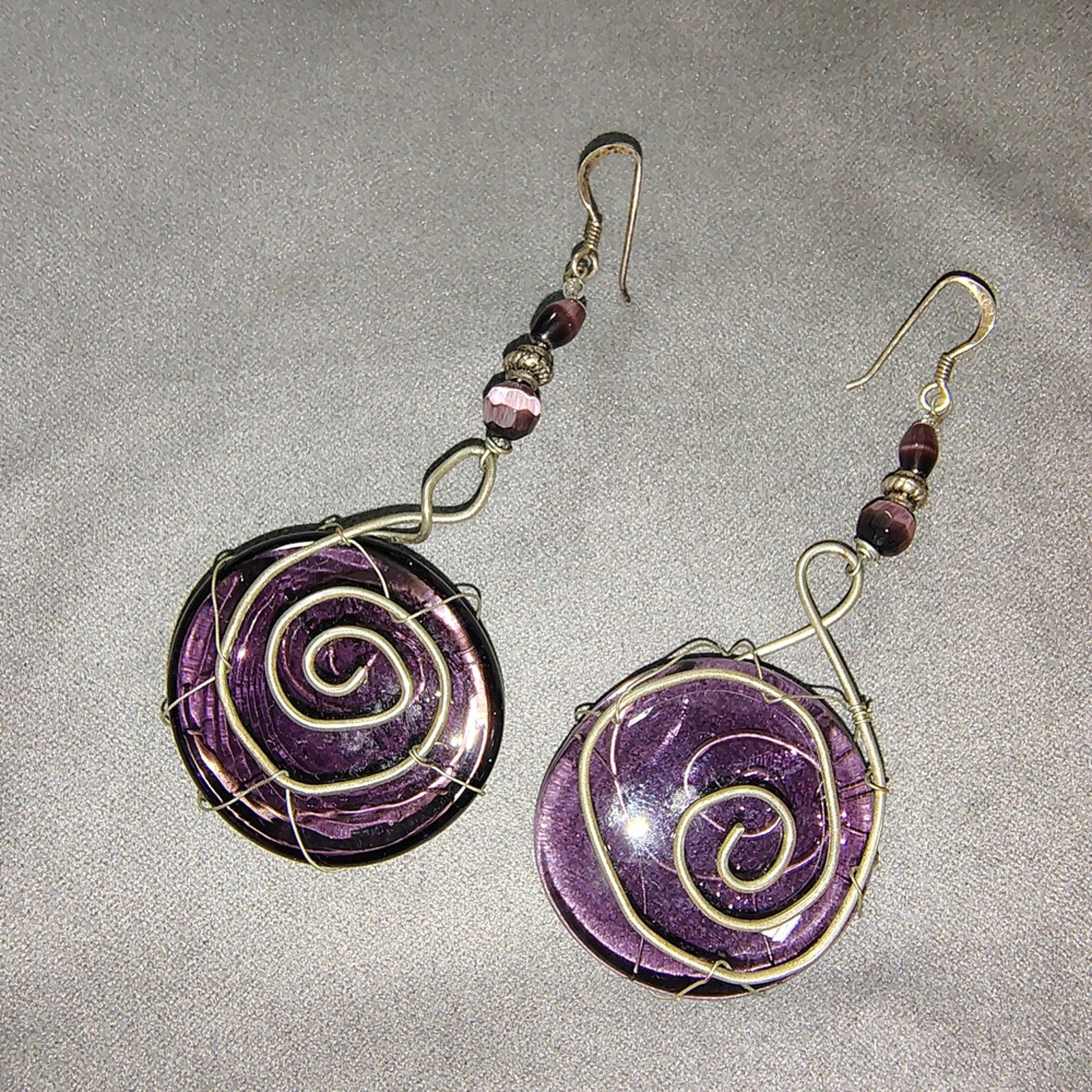 Handmade Wire Swirl & Glass Earrings In Purple