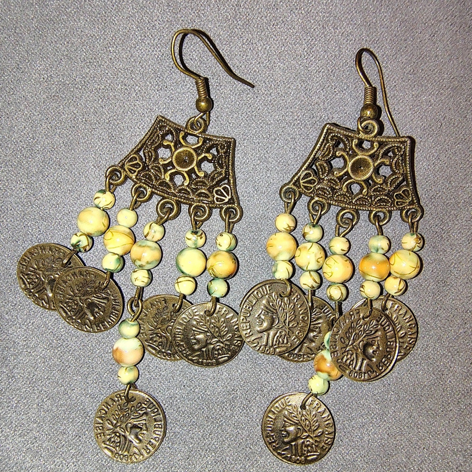 Vintage Coin Dangle Earrings with Beads