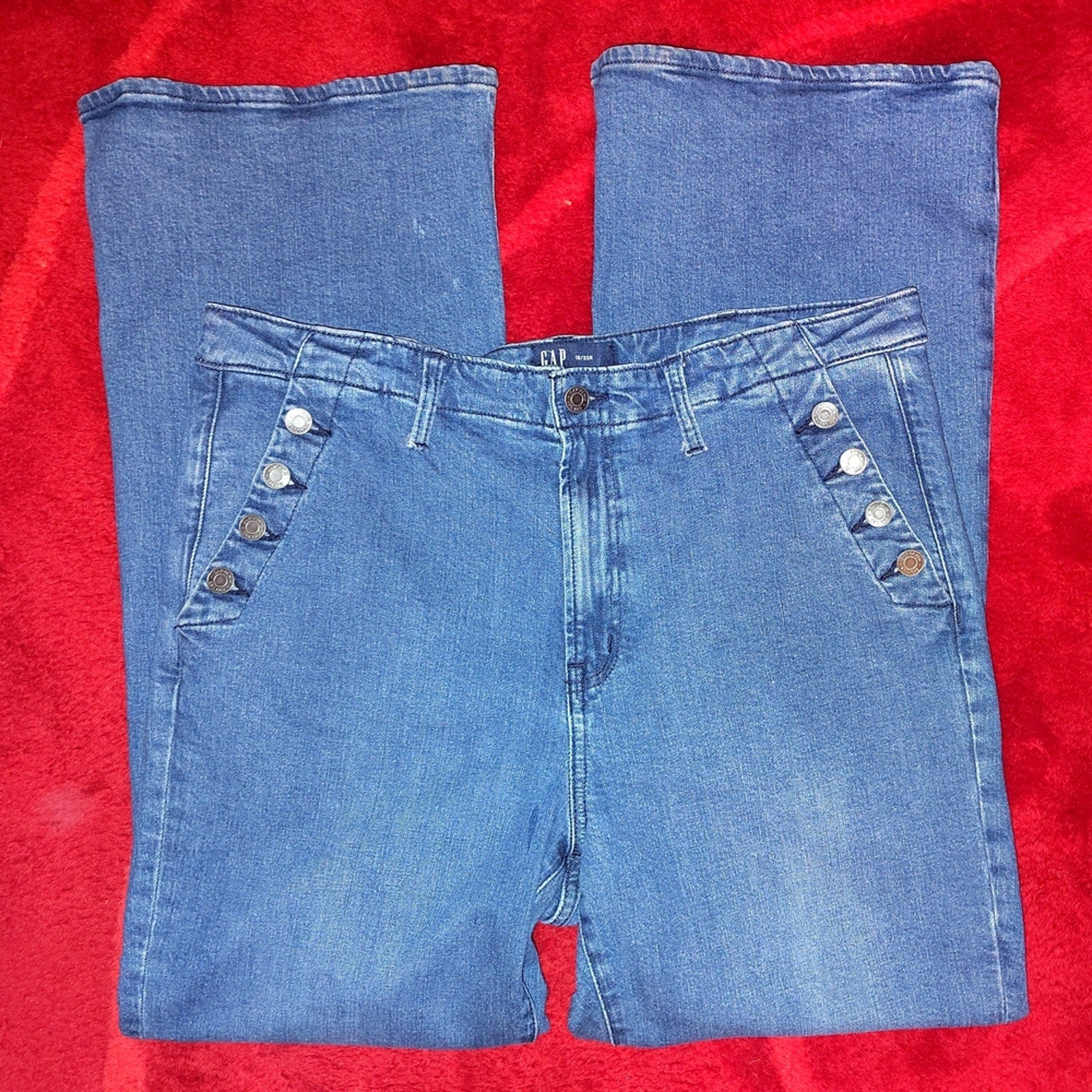 GAP Button Pocket 70's Rise Denim Flare Jeans Sz 16