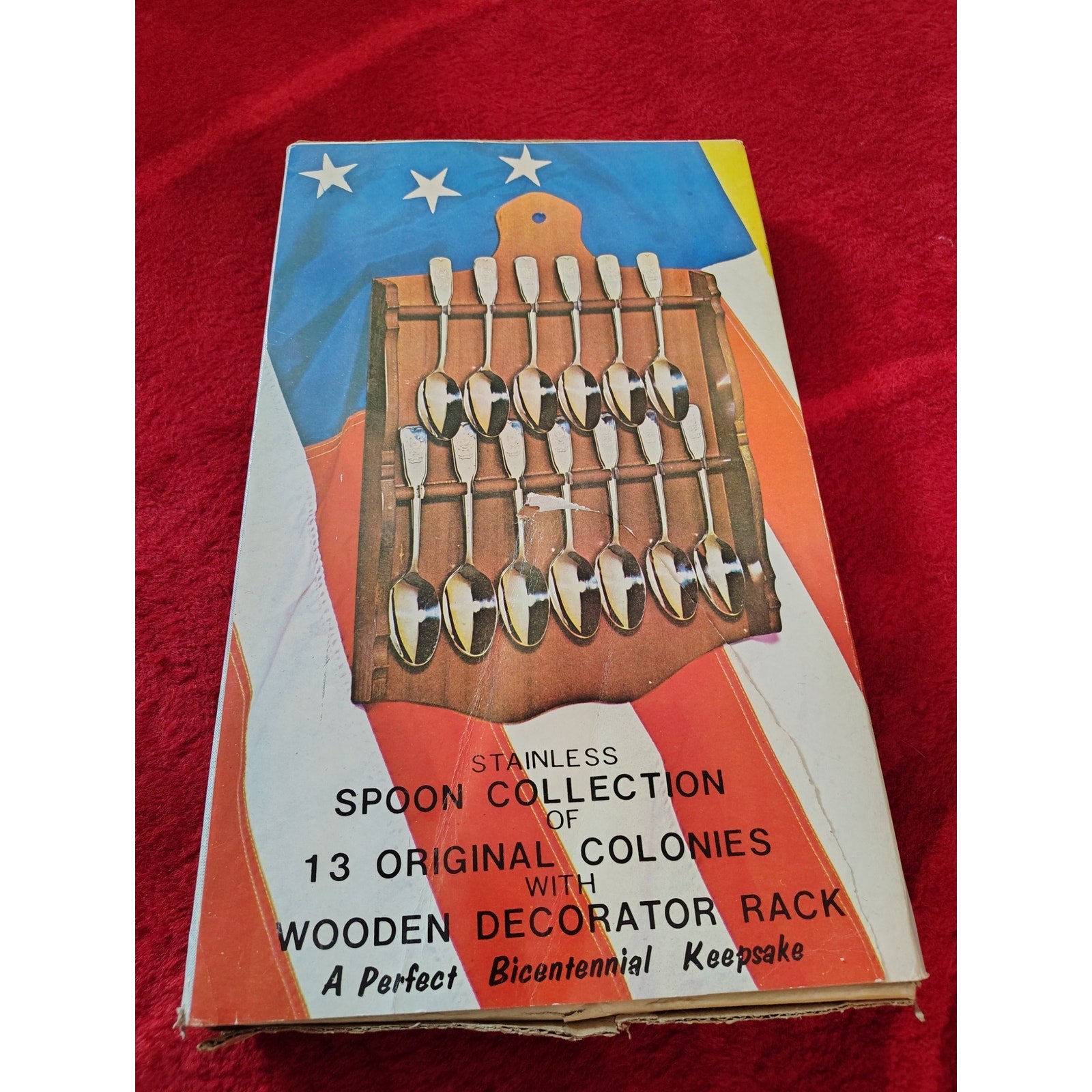 Vintage NIB Bicentennial Spoon Collection of 13 Colonies with Wood Rack