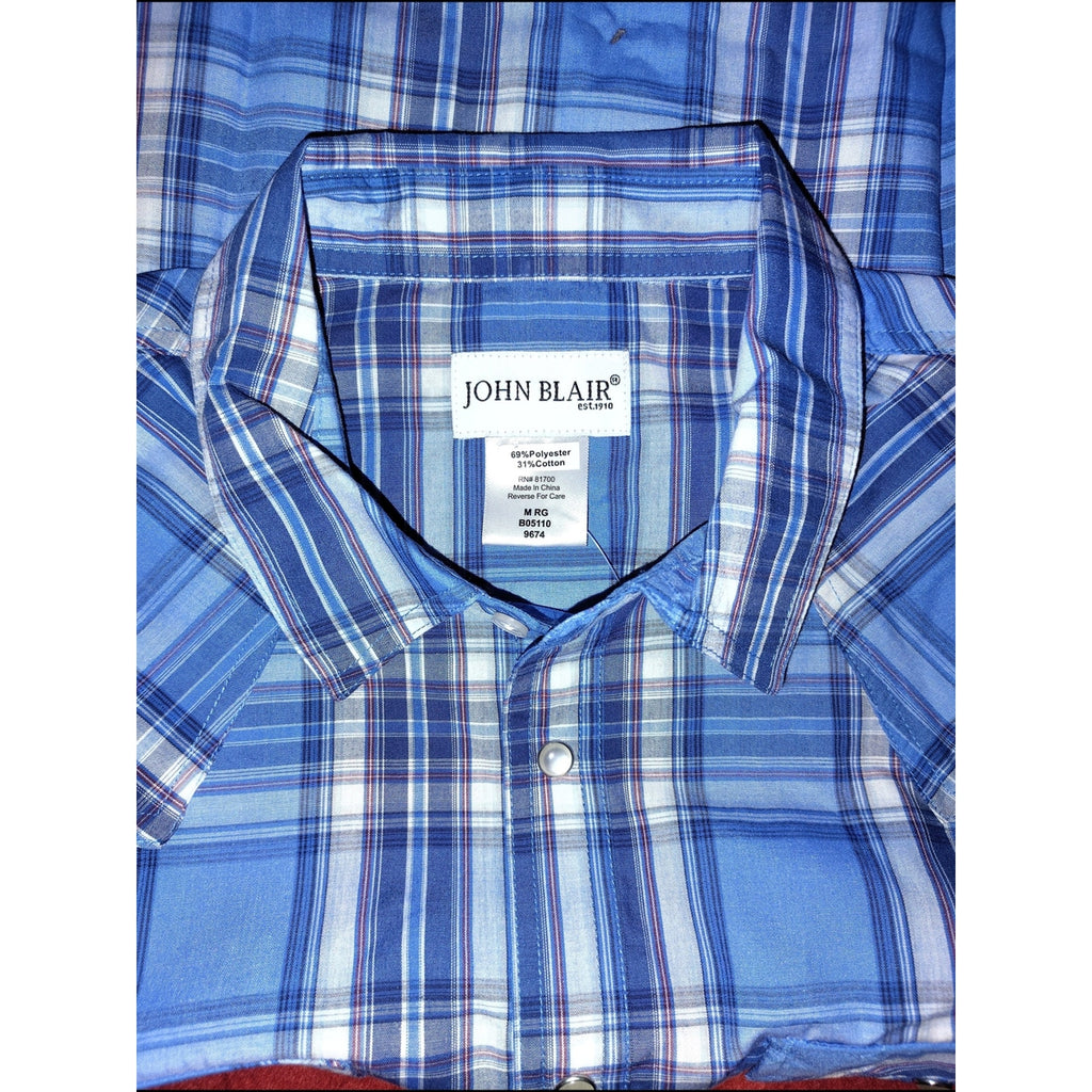 John Blair Blue Plaid Button-Down Shirt SZ M