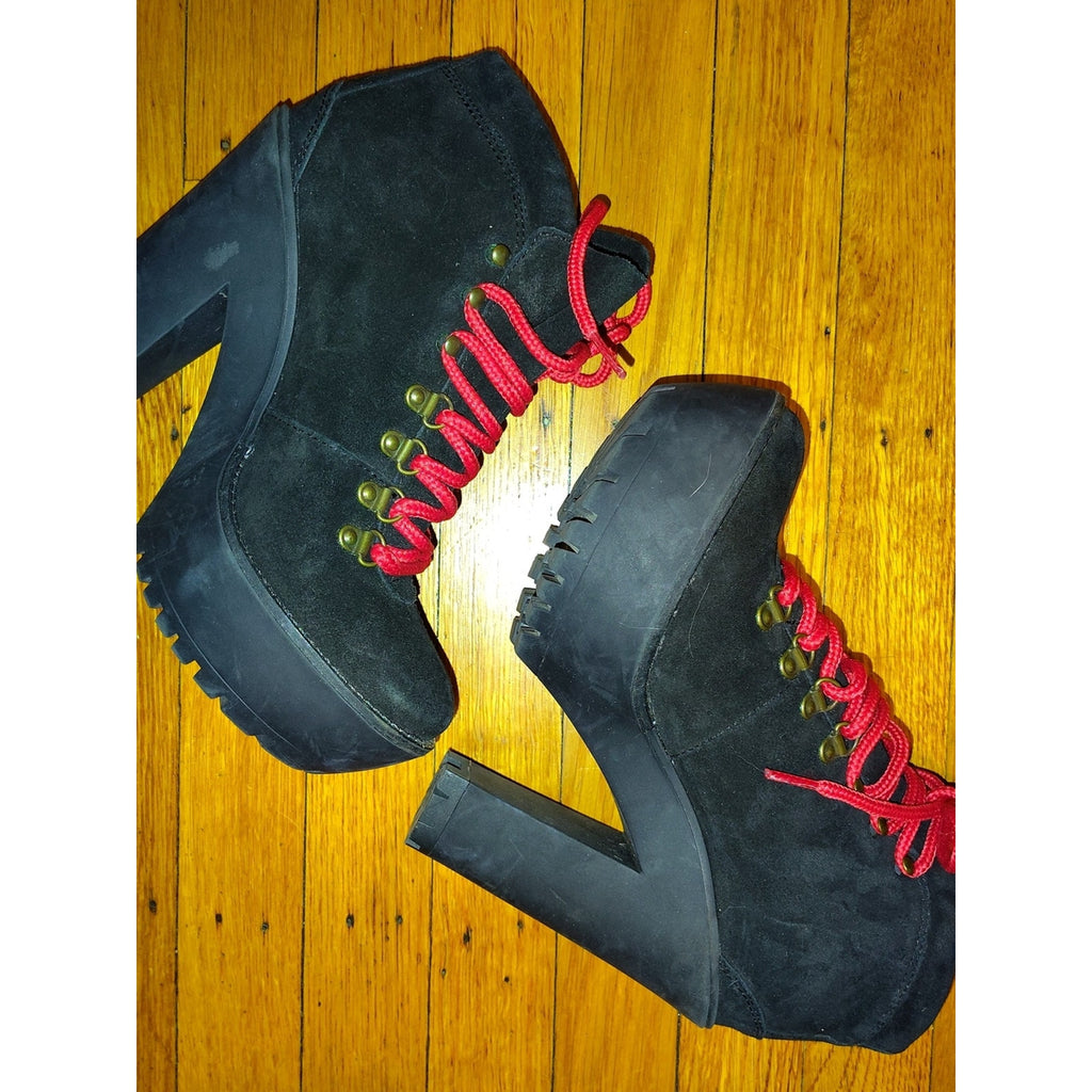 Polo by Ralph Lauren Helene Black Suede Heeled Ankle Boots with Red Laces Sz 7.5