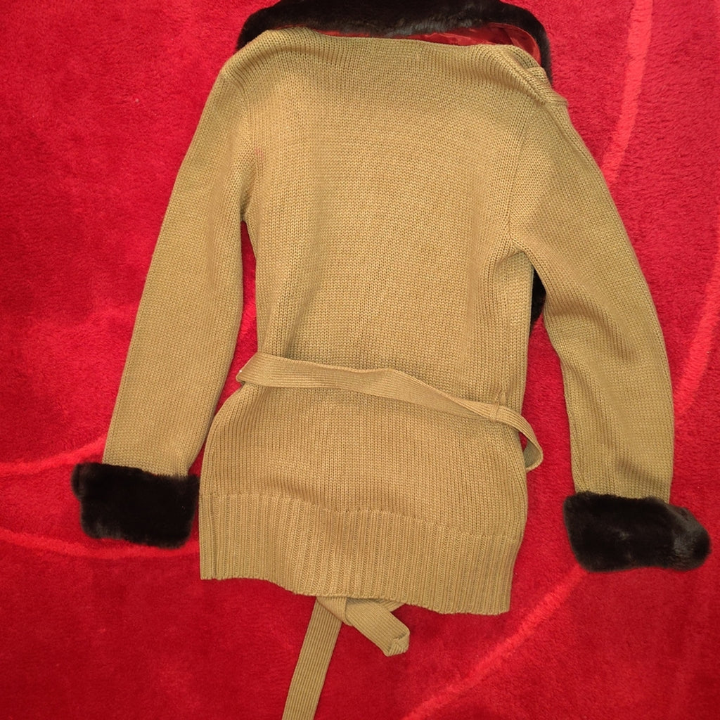 525 America Belted Cardigan Jacket with Faux Fur Trim Sz M