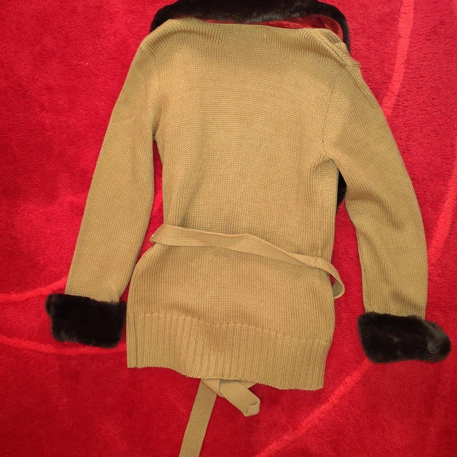 525 America Belted Cardigan Jacket with Faux Fur Trim Sz M