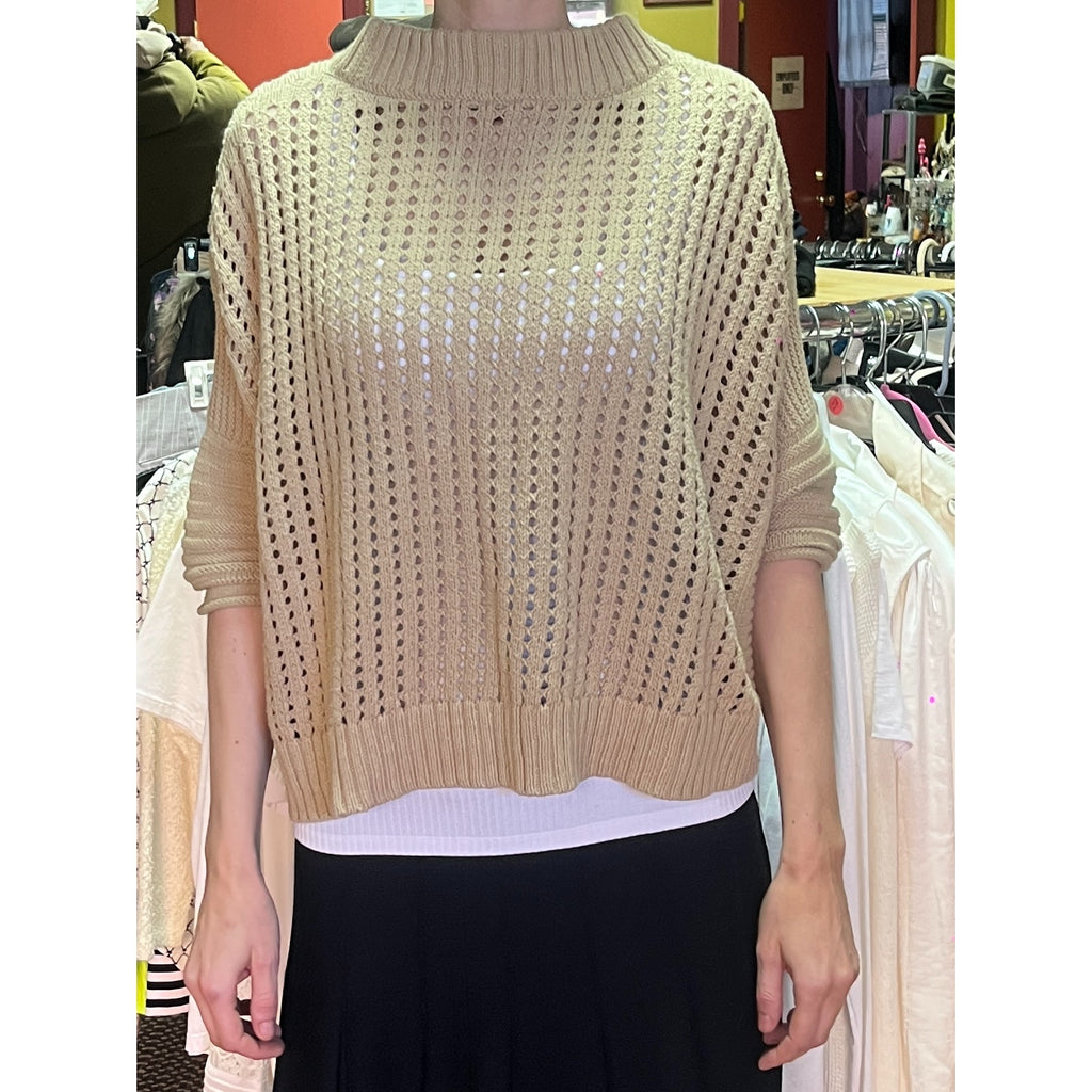 Planet By Lauren G Pima Cotton Crop Fisherman Crewneck Sweater OS