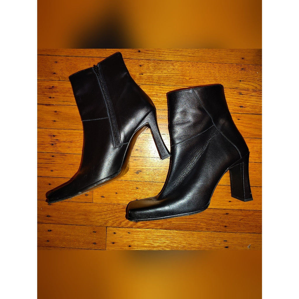 Mango Black Leather Square-Toe Ankle Booties Sz 39