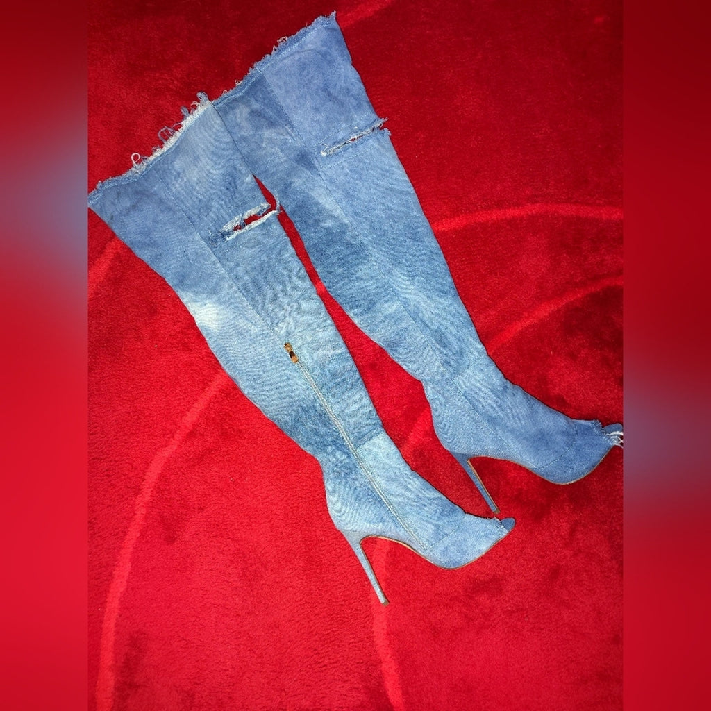 Denim Over-the-Knee Peep-Toe Stiletto Boots - Light Blue Sz 8.5