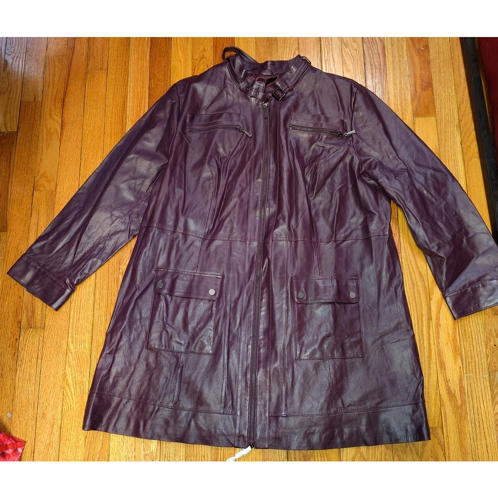 Jessica London Burgundy Leather long Jacket Sz 26