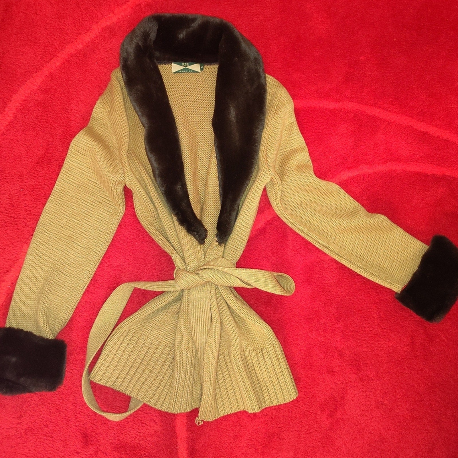 525 America Belted Cardigan Jacket with Faux Fur Trim Sz M