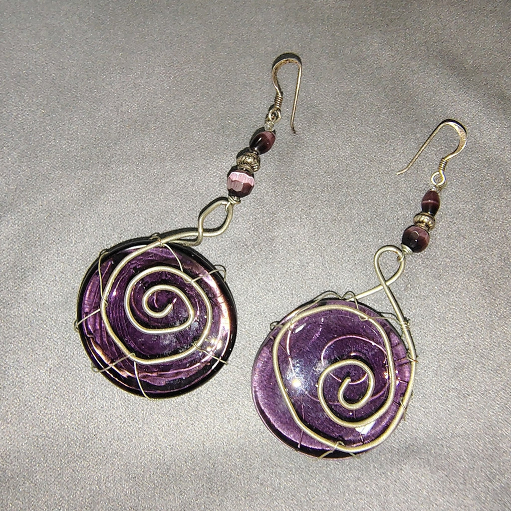 Handmade Wire Swirl & Glass Earrings In Purple