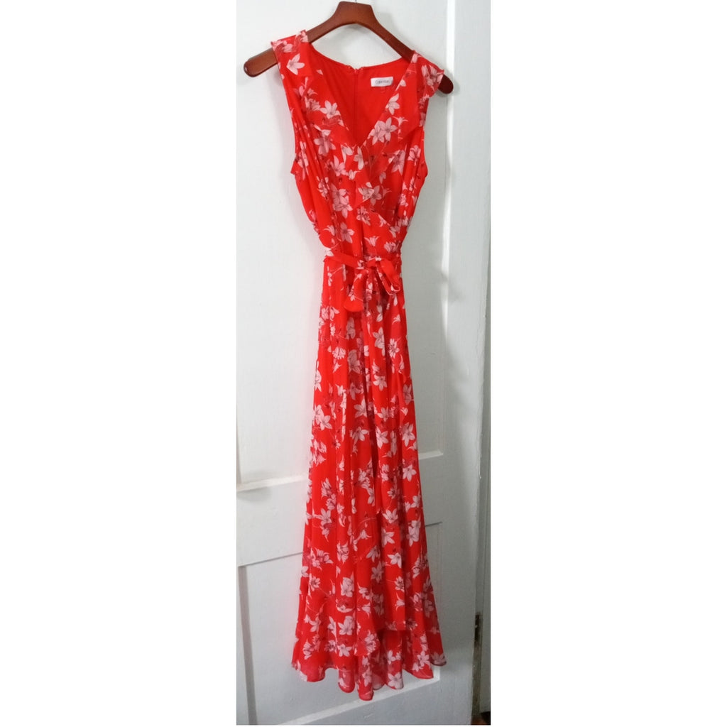 Calvin Klein Floral Wrap style dress size 10 with ruffle detail