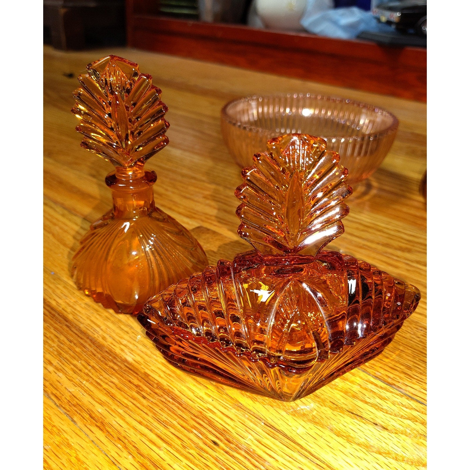 Vintage Amber Glass Vanity Set 2 Pc, Perfume bottle and ring dish