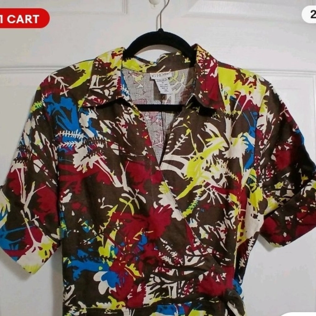 Vintage 100% Linen Floral Midi Dress Sz 18 W