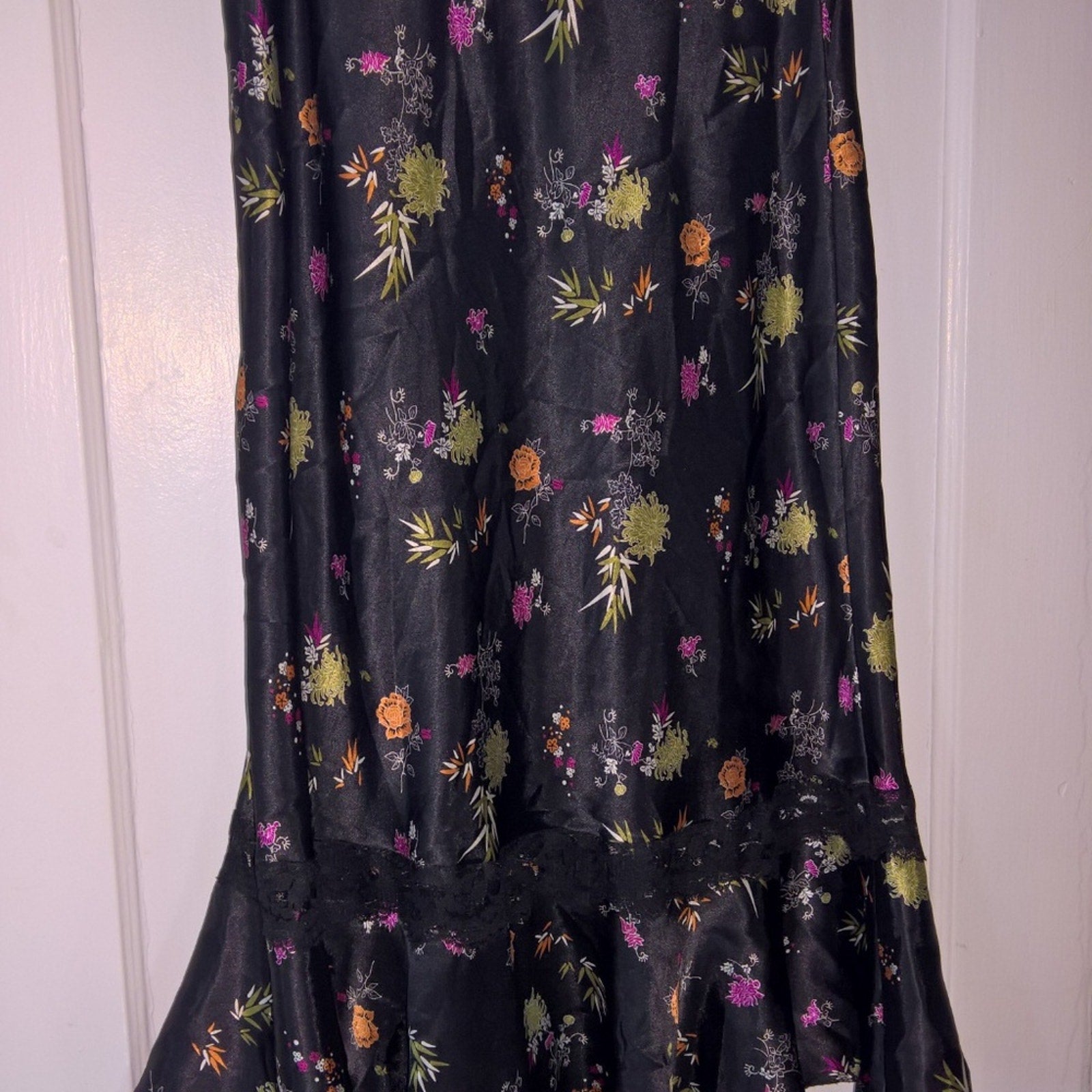 Vintage Asian Inspired Satin & Lace Mermaid Cut Shirt Sz L
