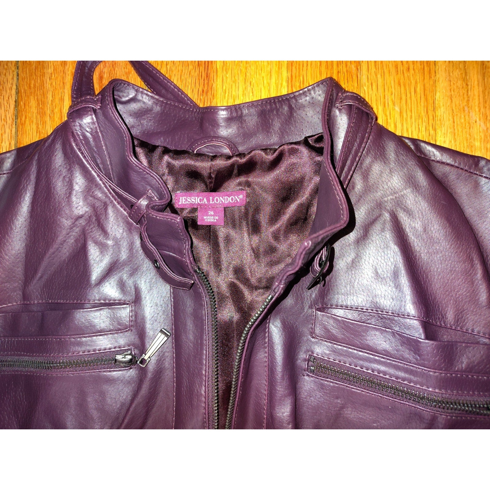 Jessica London Burgundy Leather long Jacket Sz 26