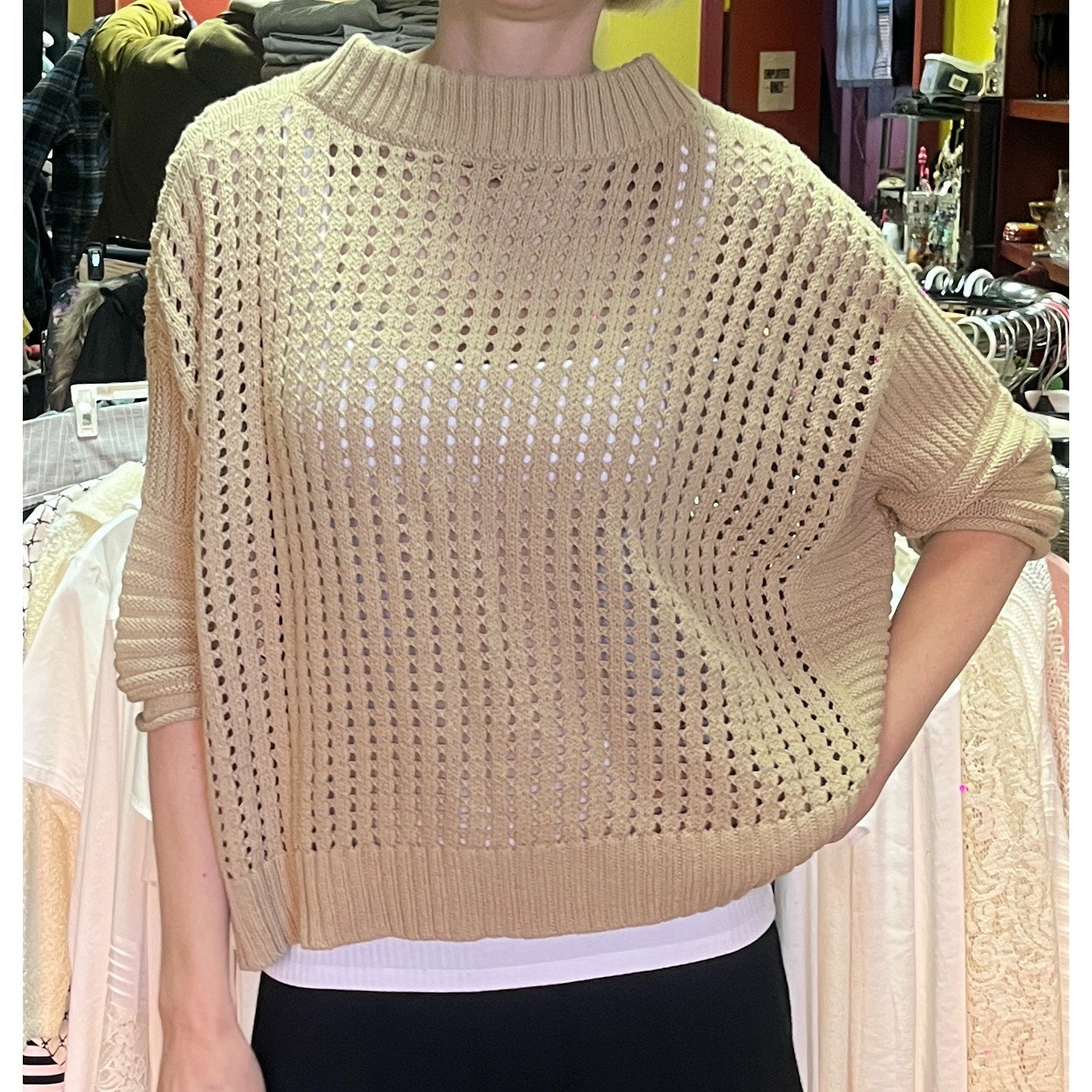 Planet By Lauren G Pima Cotton Crop Fisherman Crewneck Sweater OS