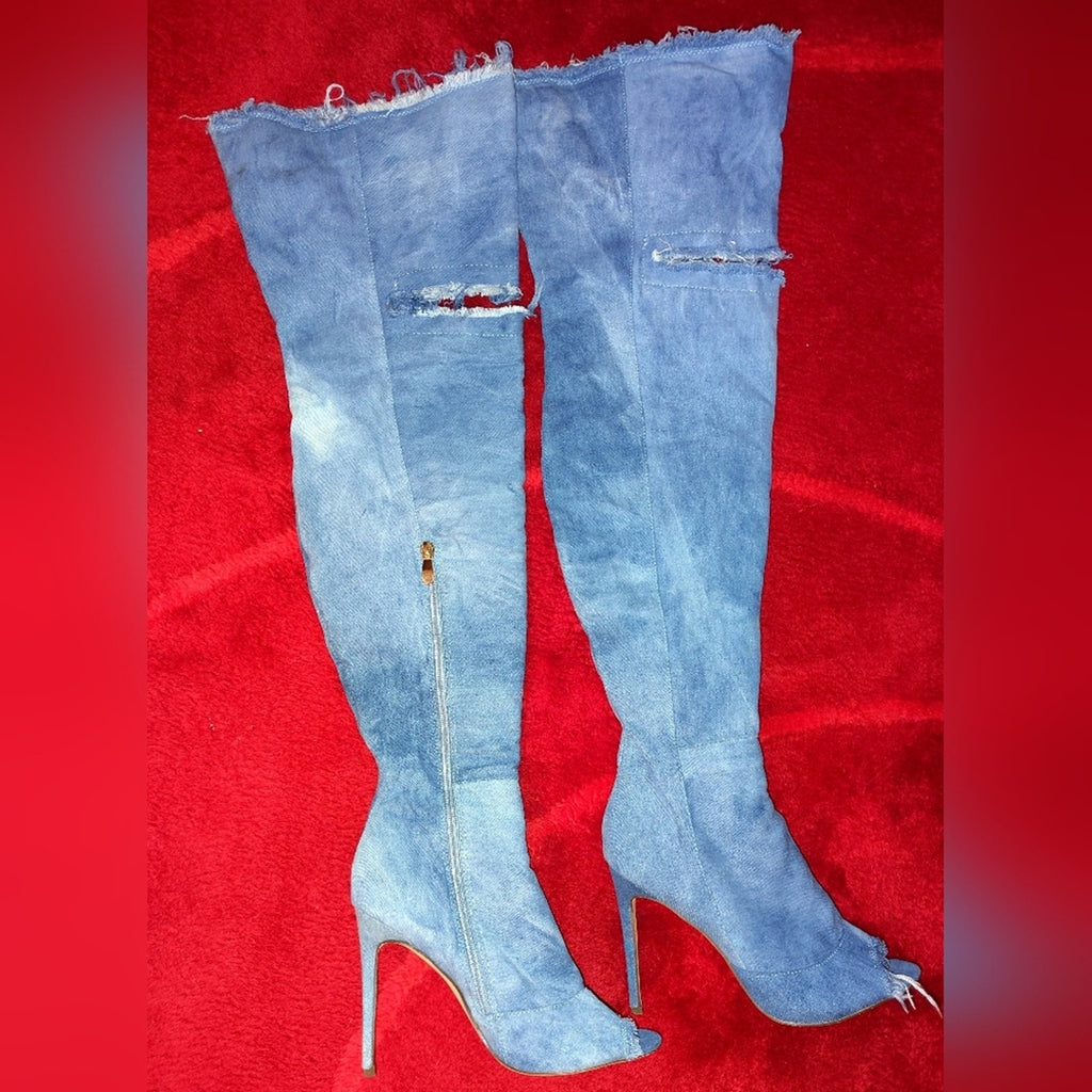 Denim Over-the-Knee Peep-Toe Stiletto Boots - Light Blue Sz 8.5