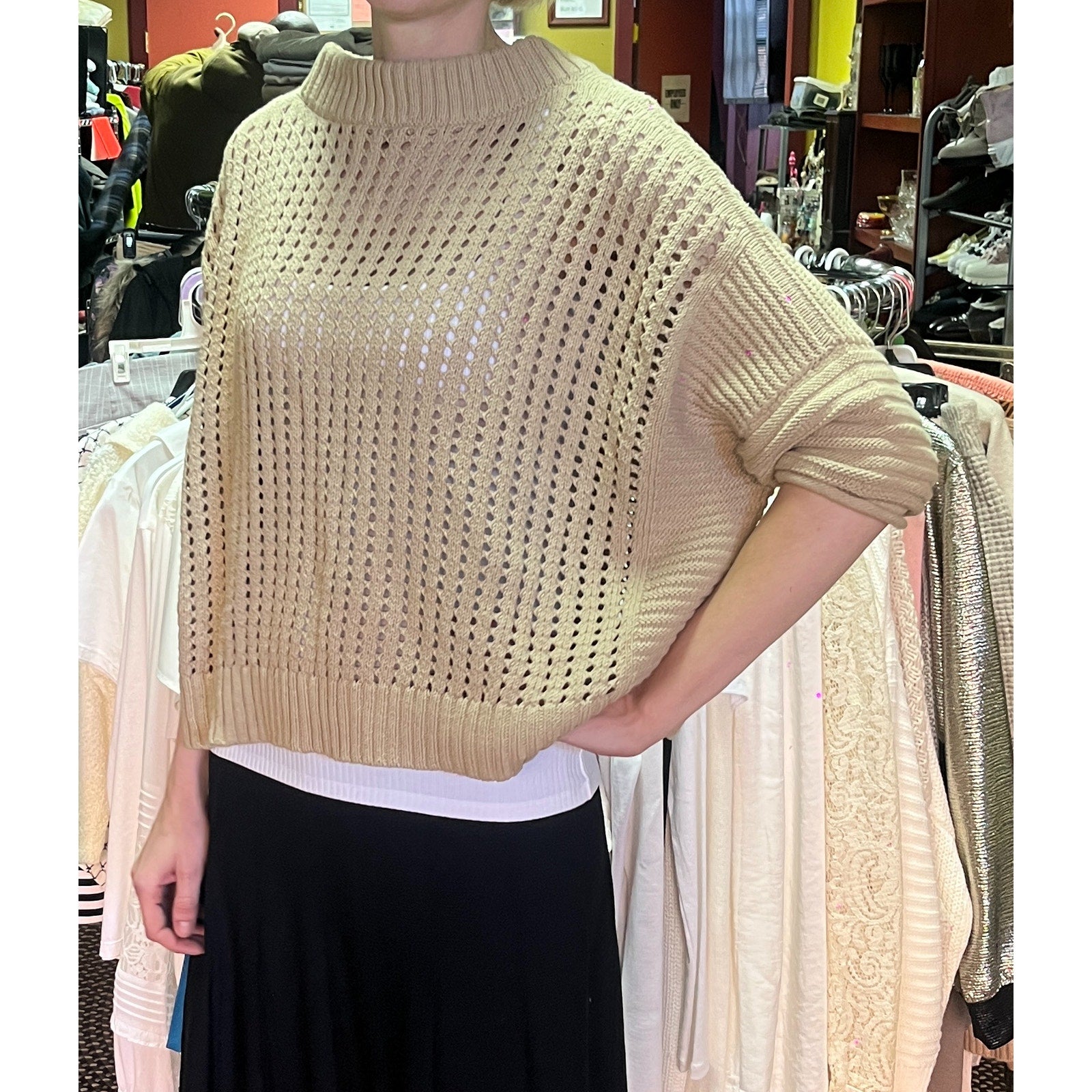 Planet By Lauren G Pima Cotton Crop Fisherman Crewneck Sweater OS
