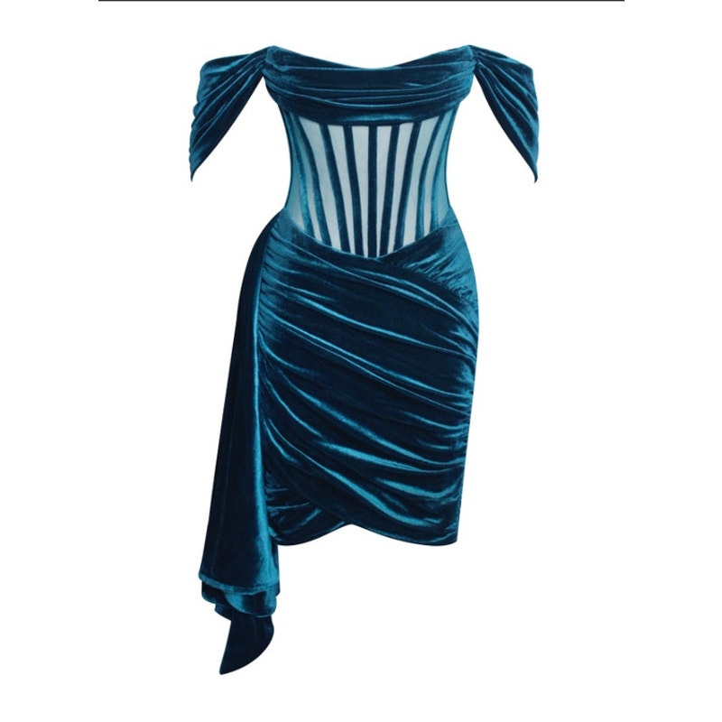 Miss Circle NWT Irisa Teal Draping Off Shoulder Corset Dress Sz XXS