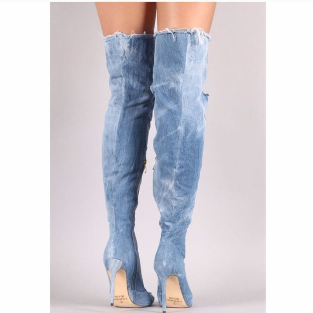 Denim Over-the-Knee Peep-Toe Stiletto Boots - Light Blue Sz 8.5
