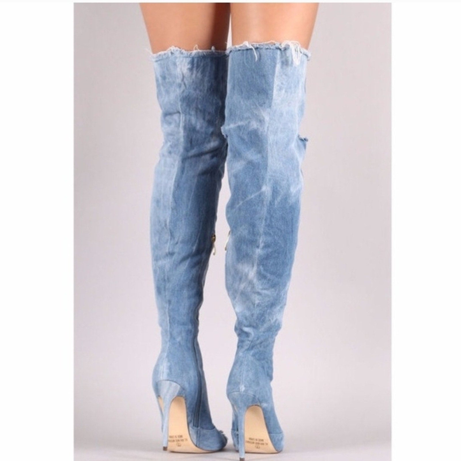 Denim Over-the-Knee Peep-Toe Stiletto Boots - Light Blue Sz 8.5