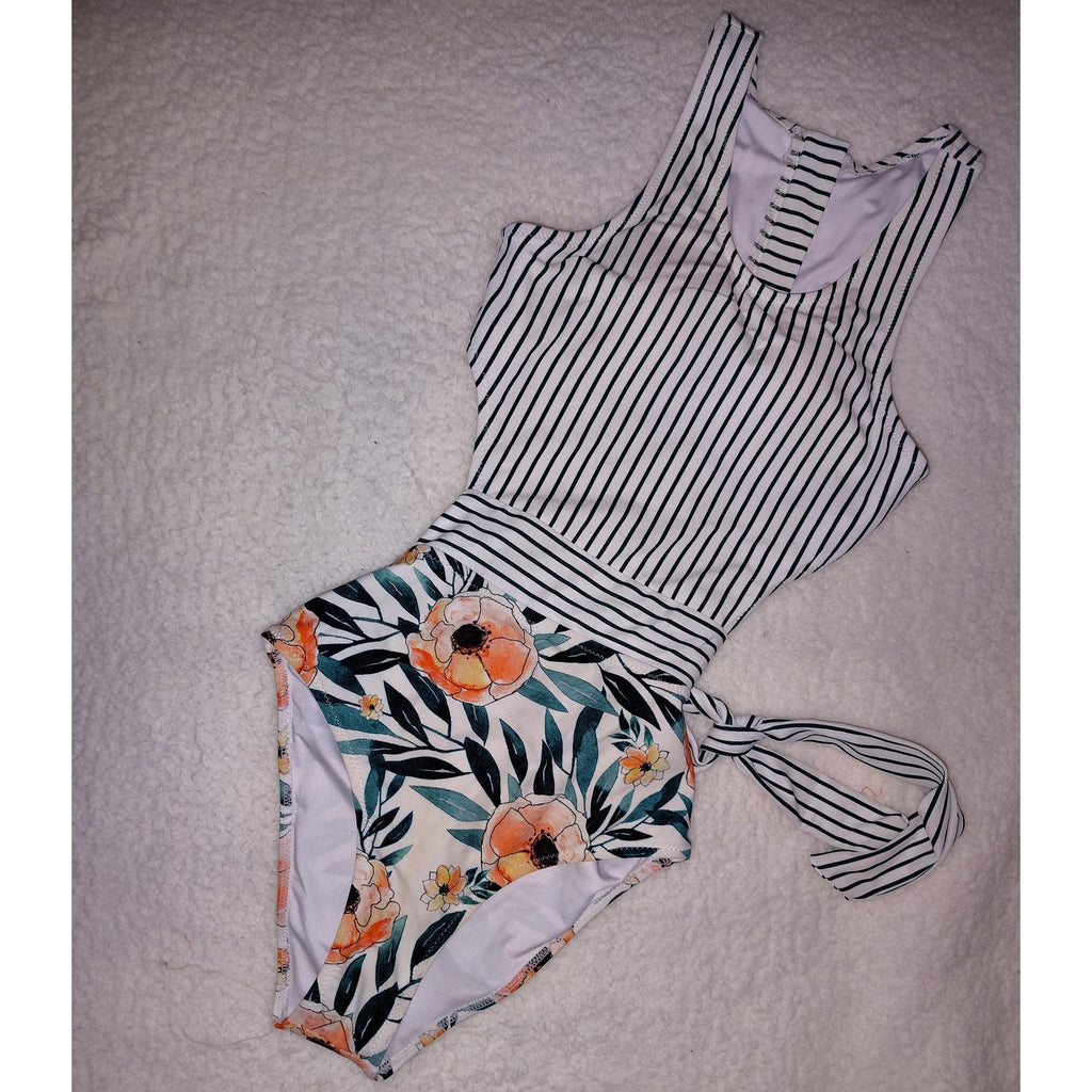 Cupshe Miss U Poppy Print Monokini Stripes and Floral Sz S NWOT