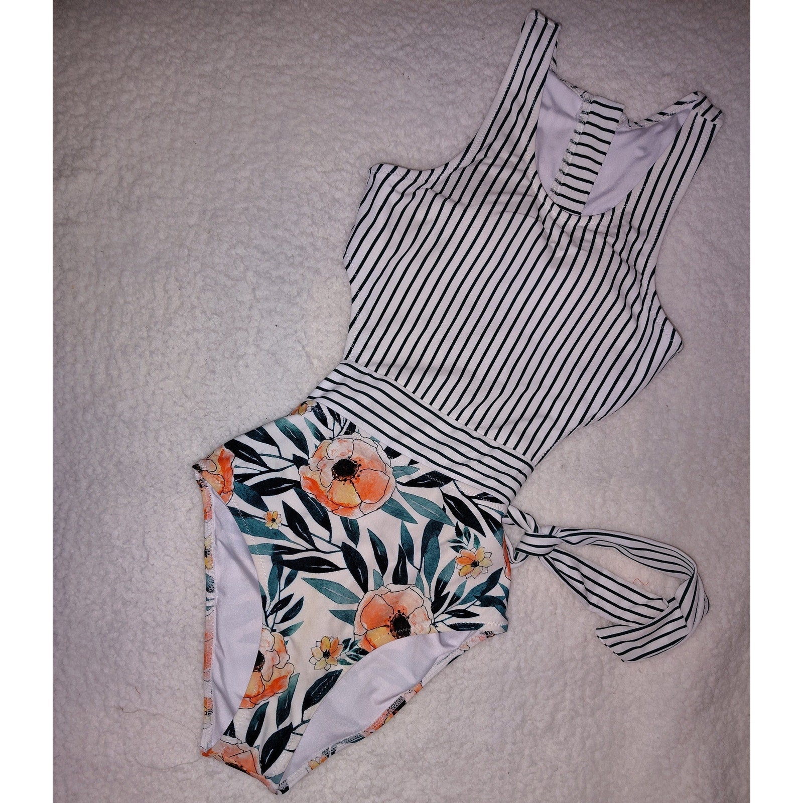 Cupshe Miss U Poppy Print Monokini Stripes and Floral Sz S NWOT
