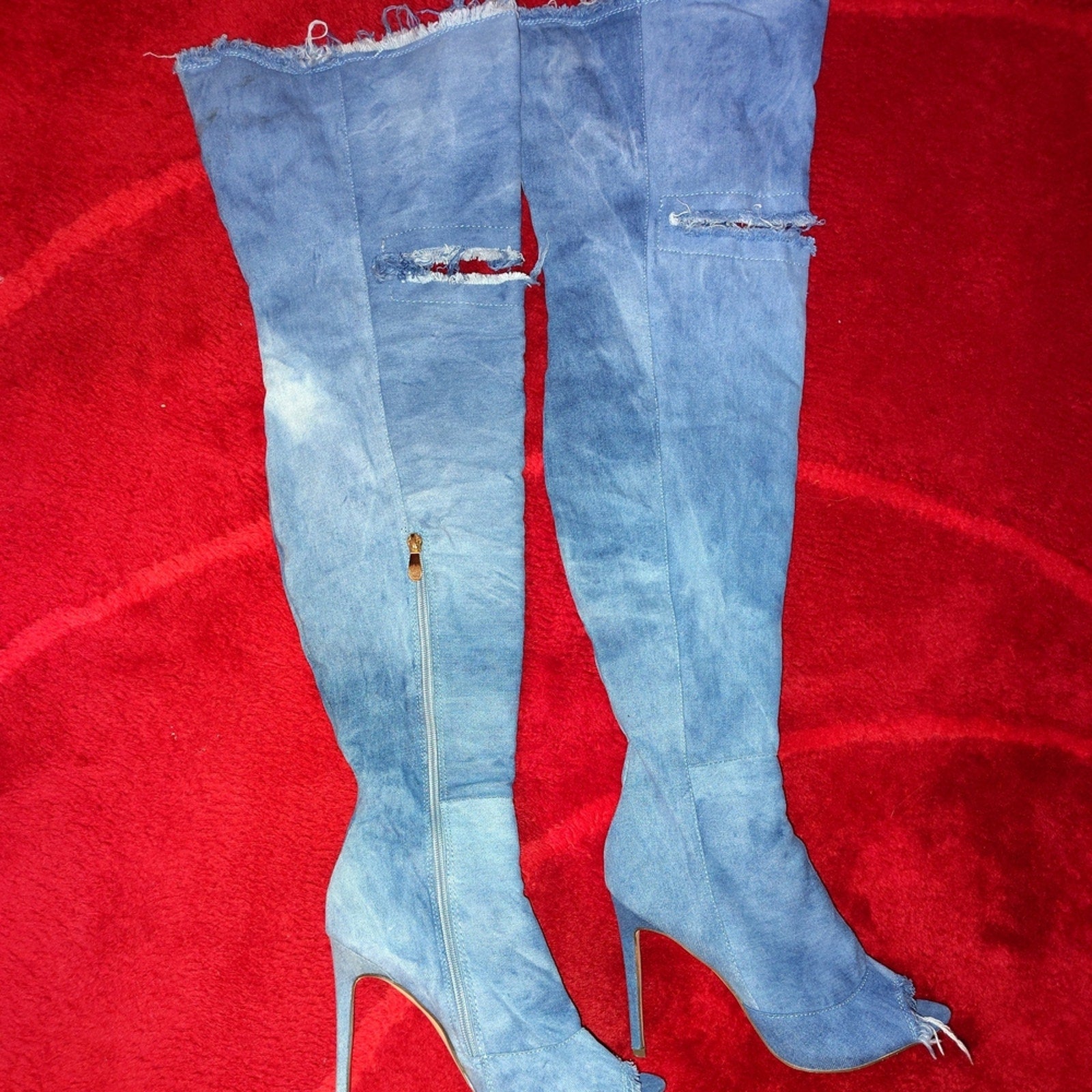 Denim Over-the-Knee Peep-Toe Stiletto Boots - Light Blue Sz 8.5