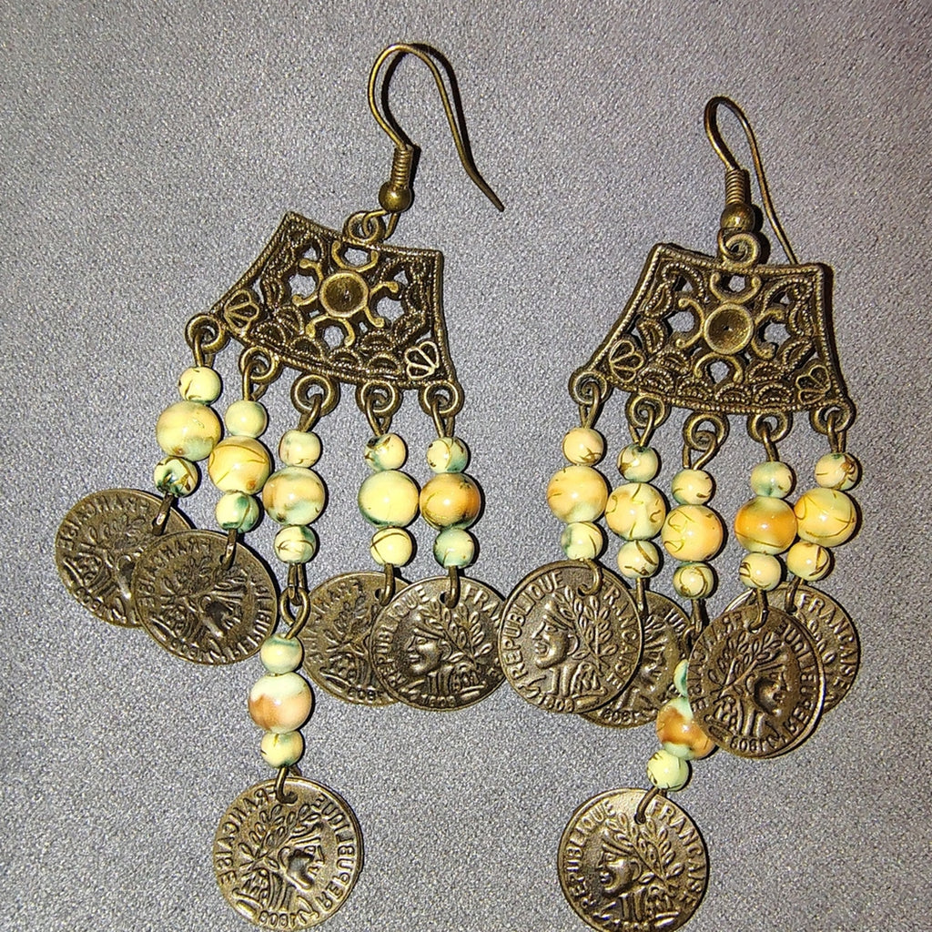 Vintage Coin Dangle Earrings with Beads