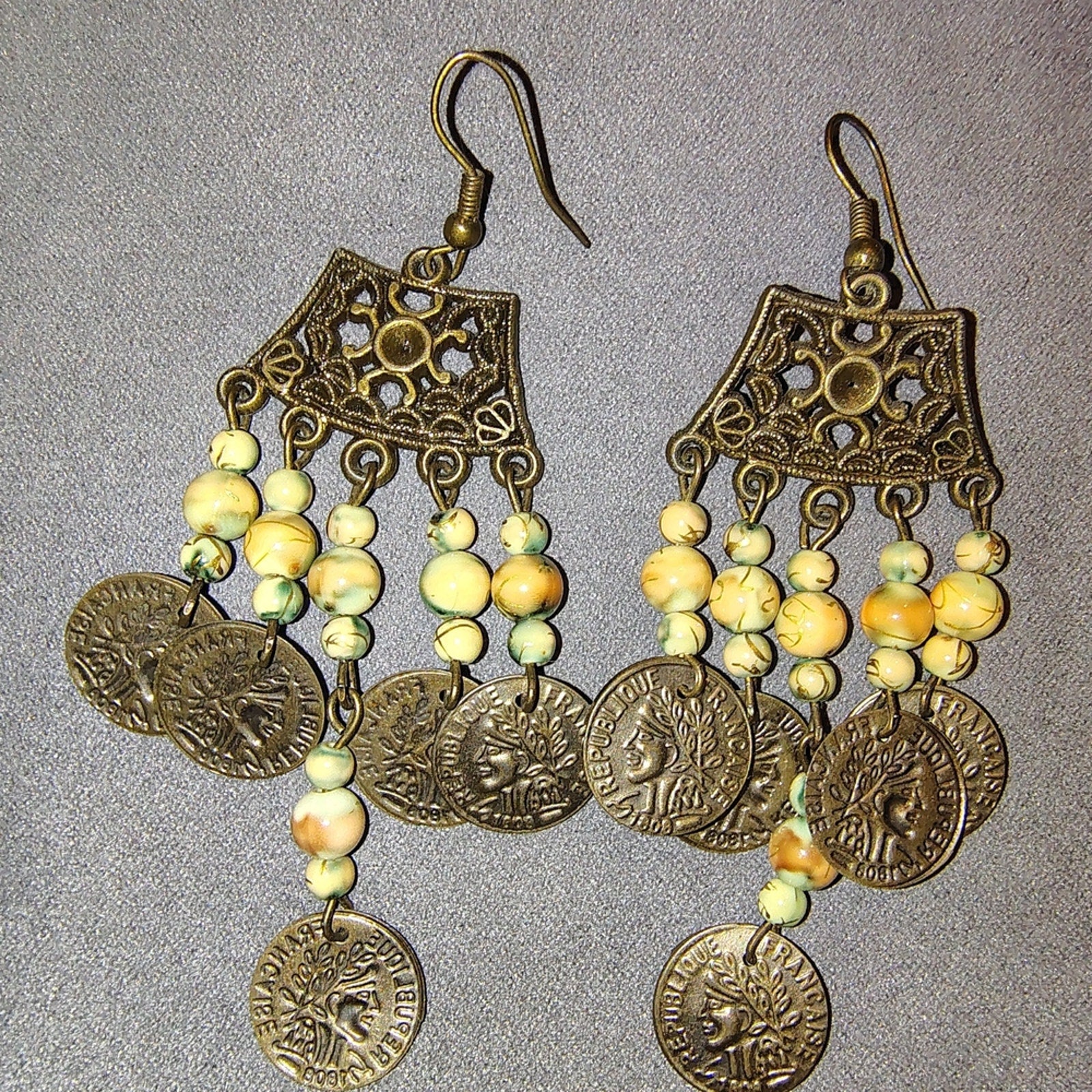 Vintage Coin Dangle Earrings with Beads