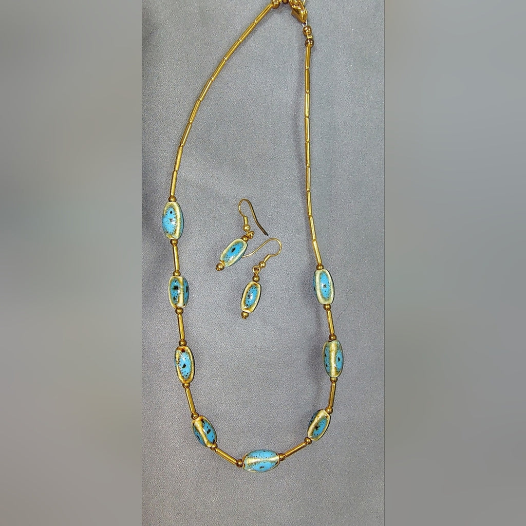 Gold-Tone Necklace & Earrings Set with Turquoise Blue Beads
