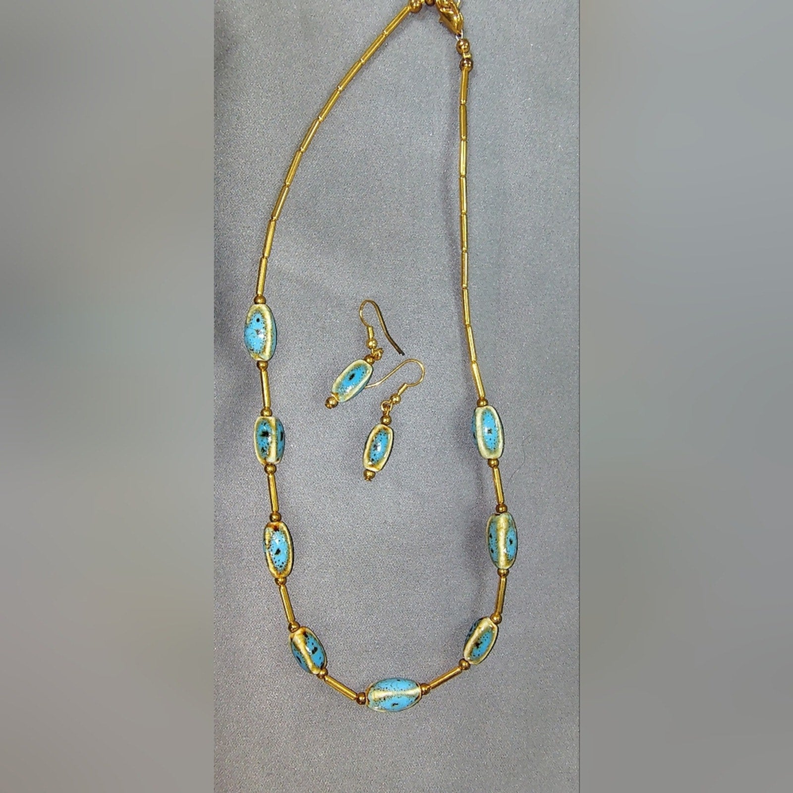Gold-Tone Necklace & Earrings Set with Turquoise Blue Beads