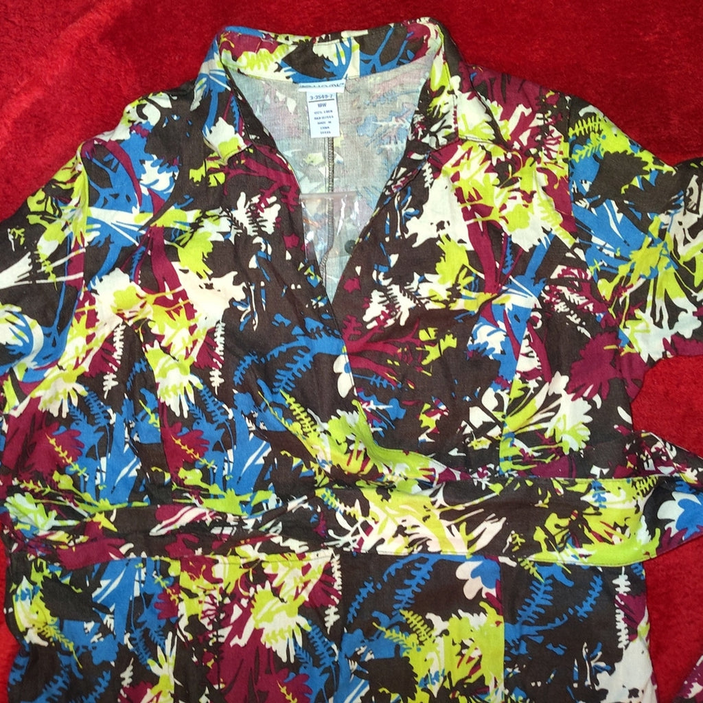 Vintage 100% Linen Floral Midi Dress Sz 18 W
