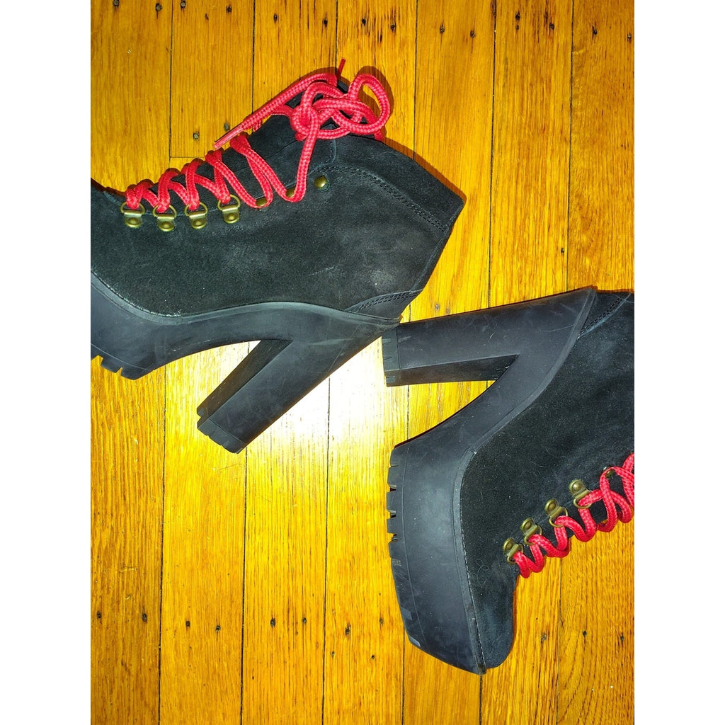 Polo by Ralph Lauren Helene Black Suede Heeled Ankle Boots with Red Laces Sz 7.5