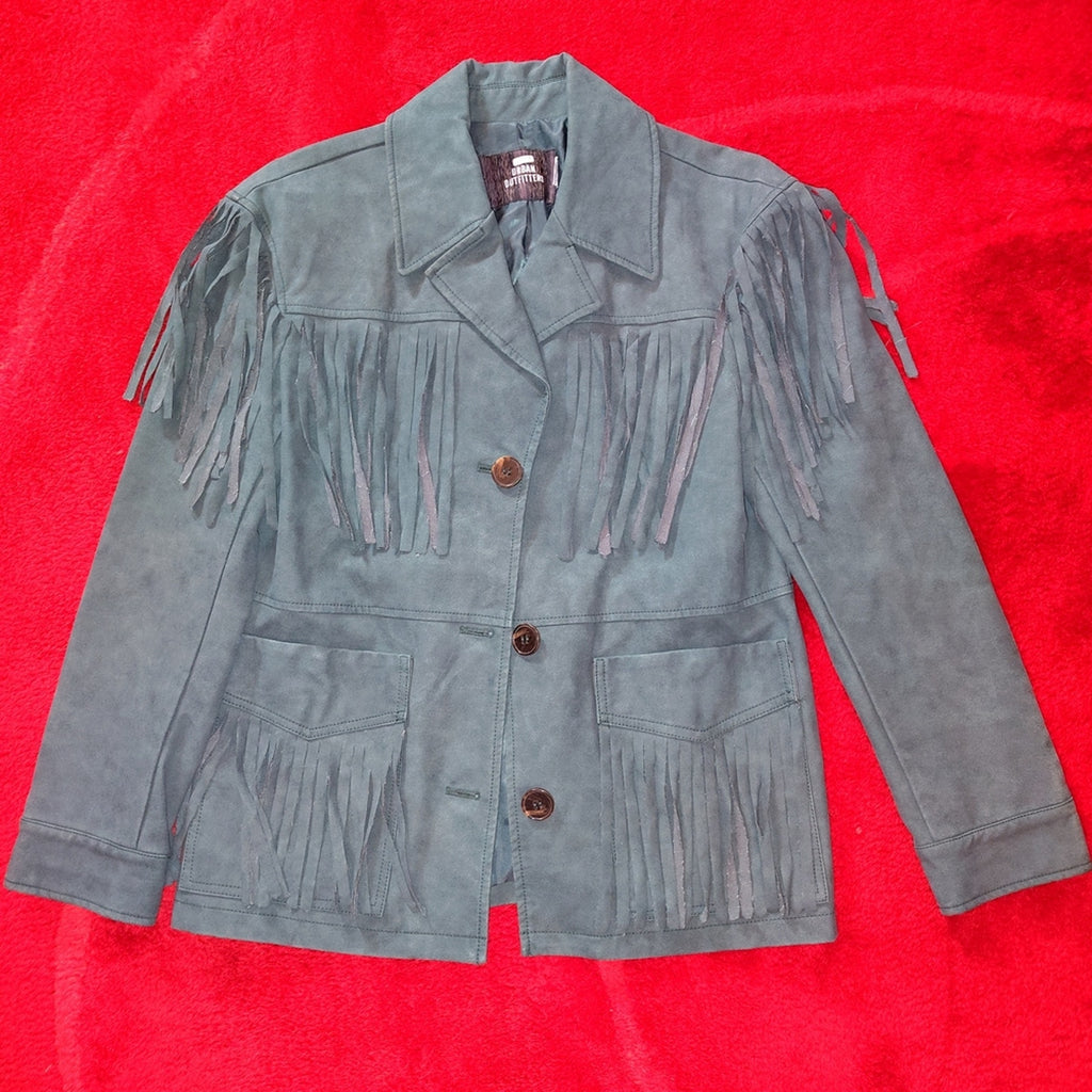 Urban Outfitters Green Faux Suede Fringe Shirt Jacket S