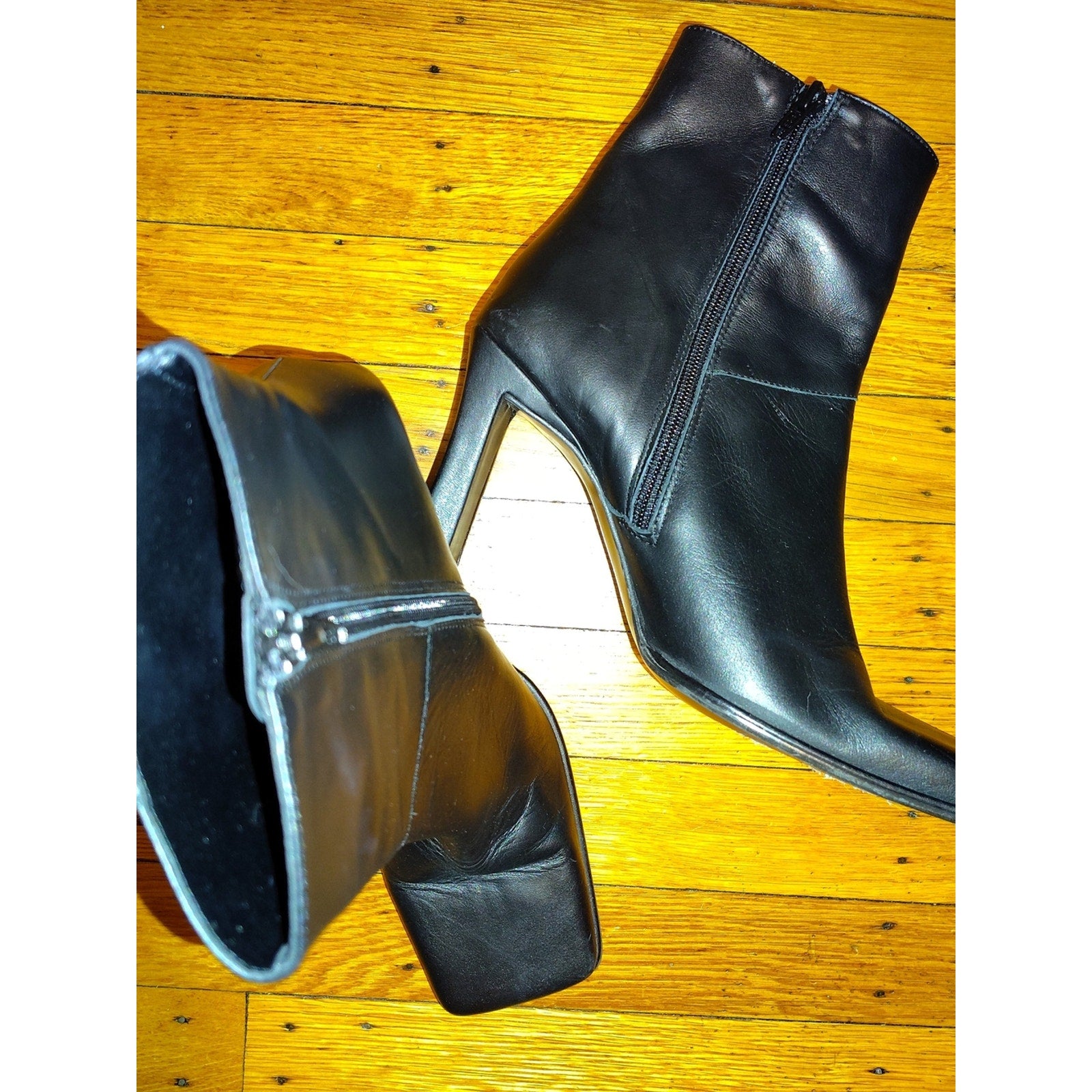 Mango Black Leather Square-Toe Ankle Booties Sz 39