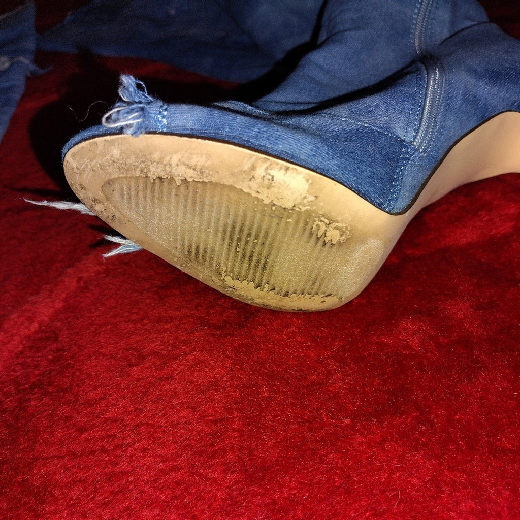 Denim Over-the-Knee Peep-Toe Stiletto Boots - Light Blue Sz 8.5